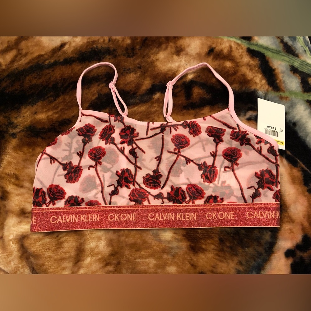 Calvin Klein Women's CK One Unlined Rose-Print Bralette and glitter bikini